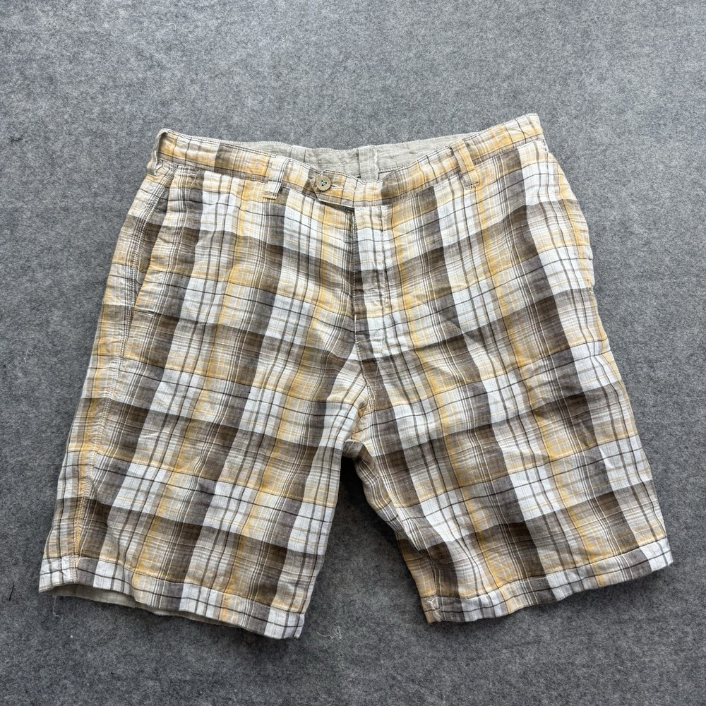 Tommy Bahama Shorts Mens 35 Beige Plaid Print 100% Linen Reversible